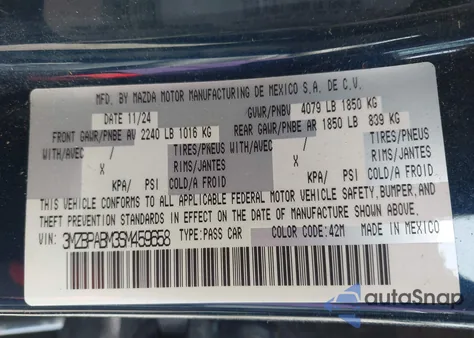 2025 Mazda Mazda3 2.5 S Select Sport z USA, uszkodzony, nr VIN 3MZBPABM3SM459658